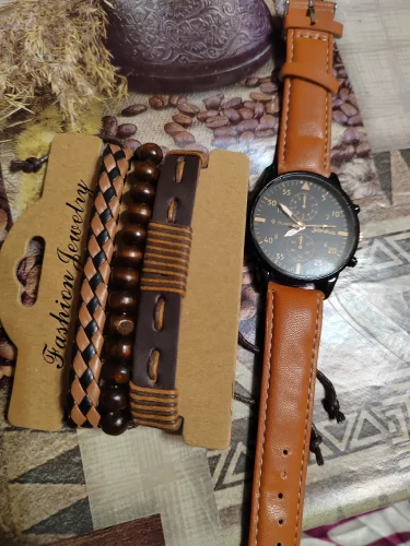 Mens Bracelet Set Fashion Brown Leather Quartz Wrist Watches photo review