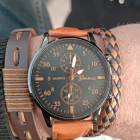 Mens Bracelet Set Fashion Brown Leather Quartz Wrist Watches photo review