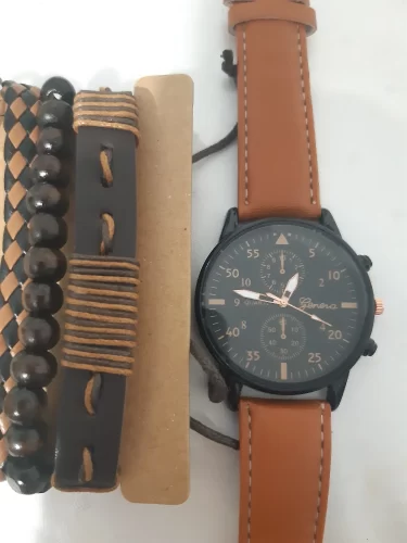 Mens Bracelet Set Fashion Brown Leather Quartz Wrist Watches photo review