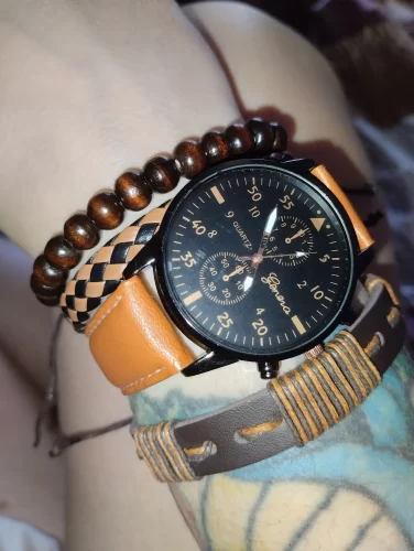 Mens Bracelet Set Fashion Brown Leather Quartz Wrist Watches photo review